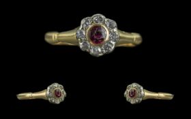 18ct Gold Attractive Petite Ruby & Diamond Set Cluster Ring - Marked 18ct To Interior Of Shank.