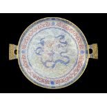 Chinese Canton Enamelled Twin Handled Shallow Dish depicting dragons, finely decorated with gilt