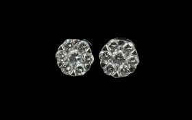Ladies 9ct Gold Attractive Pair of Diamond Set Cluster Earrings, Marked 9ct to Each Earring,