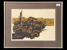 Ray Haslam Print, dated 1970, pencil signed to bottom right, depicting a scrap yard. Mounted, framed