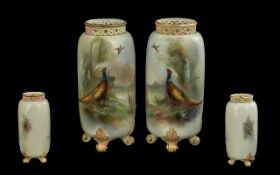 Royal Worcester Signed and Hand Painted Pair of Reticulated Vases, Standing on Four Feet with