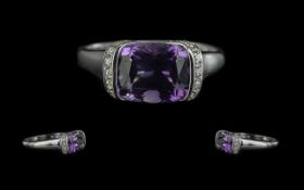 Amethyst and Diamond Set 9ct White Gold Ladies Ring. Amethyst of Good Colour, Approx 2 cts,