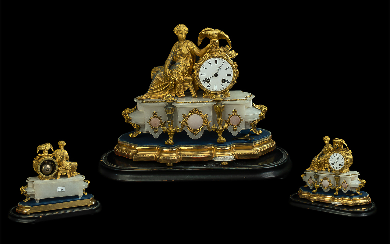 French 19th Century Excellent Quality Alabaster and Gilt Bronze 8 Day Figural Mantel Clock of