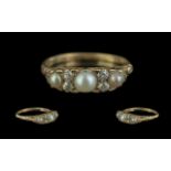 18ct Gold - Attractive Diamond and Seed Pearl Set Dress Ring, Gallery Setting. Marked 18ct to