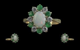 Ladies 9ct Gold Attractive Emerald, Diamond & Opal Set Cluster Ring - Full Hallmark To Interior of