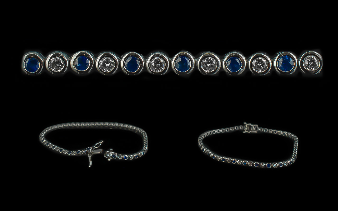 18ct White Gold - Top Quality Blue Sapphire and Diamond Set Tennis Bracelet, Full Hallmark for