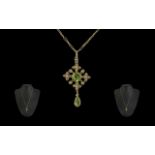 Antique Period - Attractive 15ct Gold Peridot and Seed Pearl Set Ornate Open-worked Exquisite