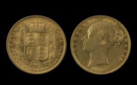 Queen Victoria 22ct Gold Shield Back Young Head Full Sovereign - Date 1856. Slight Orange Hue,