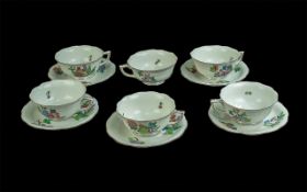 Herand Hungarian Superb Handpainted Porcelain 11 Piece Tea Service - Comprising 6 Cups 'Large' and 5