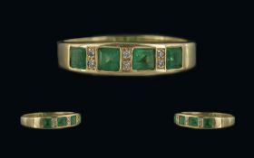 18ct Gold Pleasing Quality Emerald and Diamond Set Ring - Full Hallmark To Interior Of Shank. The