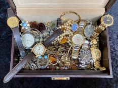 Collection of Costume Jewellery housed in a jewellery box, including pearls, chains, pendants,