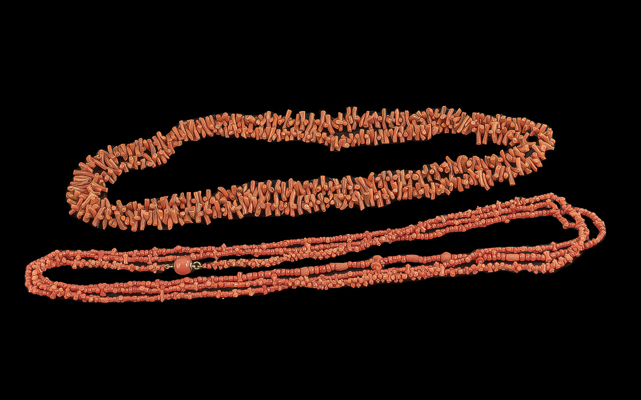 Two Long Mediterranean Coral Necklaces, one of coral branches, continuous, 50 inches (125cms)