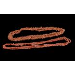 Two Long Mediterranean Coral Necklaces, one of coral branches, continuous, 50 inches (125cms)