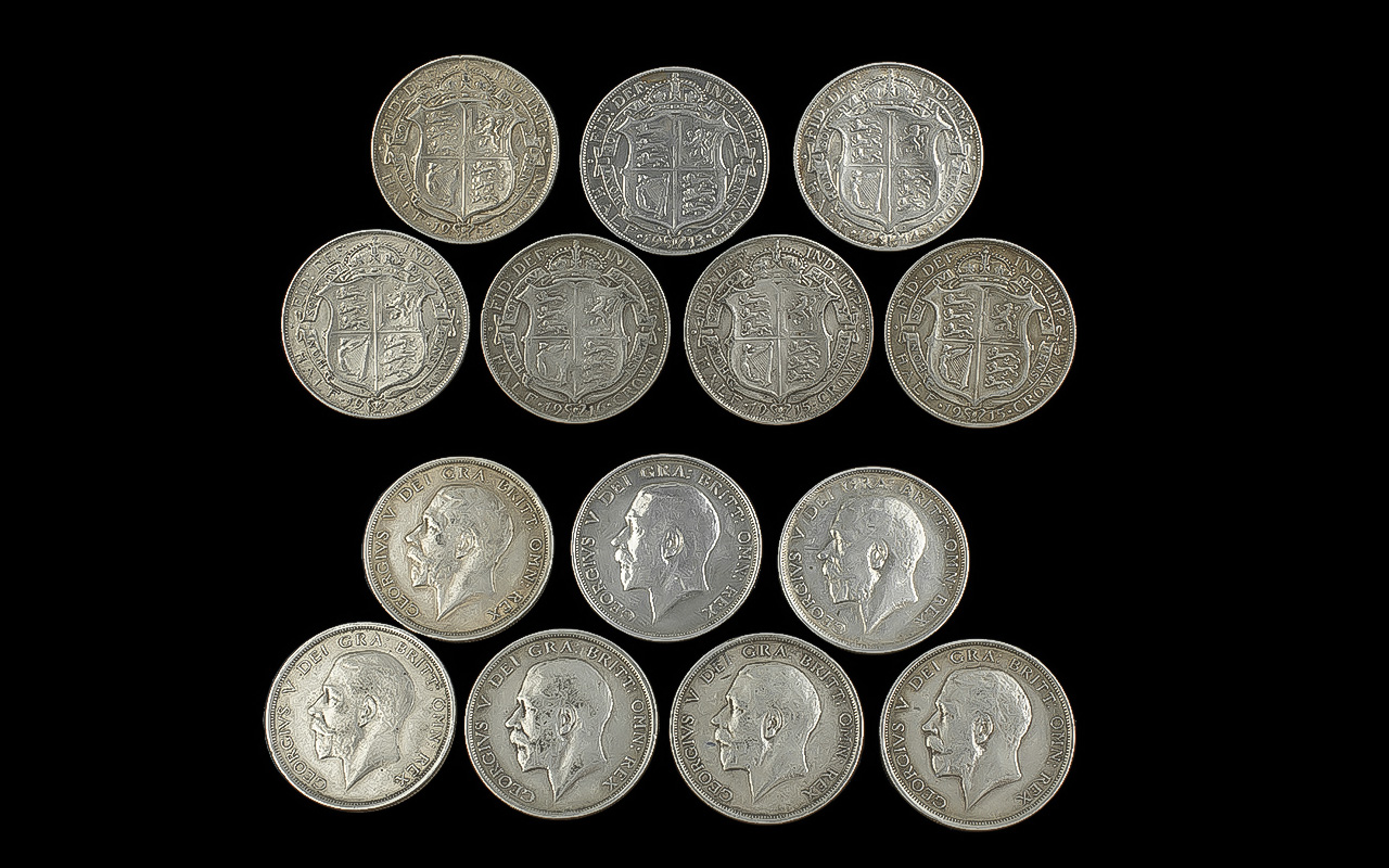 Collection of Seven Silver Half Crowns, dated 1913 - 1918, all in VF condition