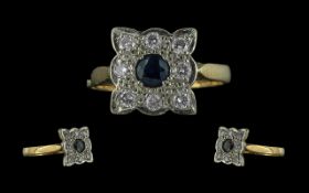 18ct Gold Attractive Ladies Diamond and Sapphire Set Dress Ring - Of Square Form Full Hallmark To