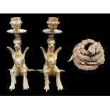 Pair of Oriental Candlesticks, in the form of mythical creatures, brass, measure 7'' tall,