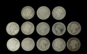 ( 13 ) Victorian Young Head Silver Half Crowns. ( 13 ) Young Head Half Crowns, Worn to Fine