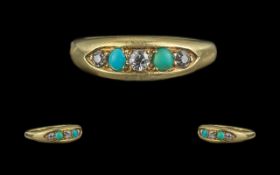 Antique Period Attractive Ladies 18ct Gold Turquoise & Diamond Set Ring - Full Hallmark To