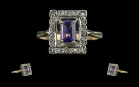 Ladies Attractive 9ct Gold Amethyst & Diamond Set Ring - Of Rectangular Form Full Hallmark To