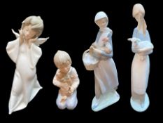 Three Lladro Figures, comprising No. 4505 Girl Holding Lamb, No. 4959 Angel, and No. 4592 Girl