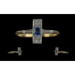 Art Deco Period Exquisite Blue Sapphire and Diamond Set Ring - Of Pleasing Design. Marked 18ct To