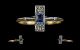 Art Deco Period Exquisite Blue Sapphire and Diamond Set Ring - Of Pleasing Design. Marked 18ct To