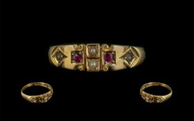Antique Period Pleasing 15ct Gold Ruby & Pearl Set Ring - Marked 15ct (625) and Hallmark for