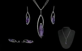 Ladies Contemporary and Top Quality Designed 18ct White Gold Deep Purple Amethyst and Diamond Set