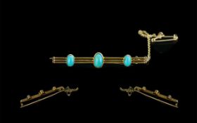 Antique Period Attractive 18ct Gold - Turquoise Set Stick Brooch, Excellent Design. Tests High Ct