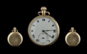 A Fine 9ct Gold Keyless Open-Faced Pocket Watch, full hallmark for 9ct. Features a white enamel