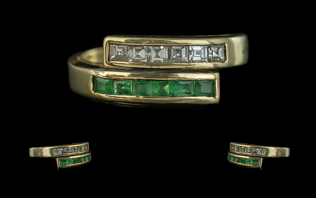 Ladies 18ct Gold Attractive Diamond and Emerald Channel Set Dress Ring. Full Hallmark to Interior of
