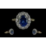 18ct Gold - Superior Quality Blue Sapphire and Diamond Set Ring. Flower head Setting. Full