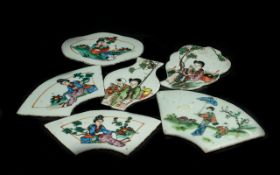 Collection Of Six Antique Chinese Porcelain Plaques, All Various Shapes, Painted Figures, Approx 6 x