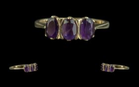 9ct Gold Amethyst 3 Stone Ring. Amethyst Set Ladies Ring In 9ct Yellow Gold, Good Design and Quality