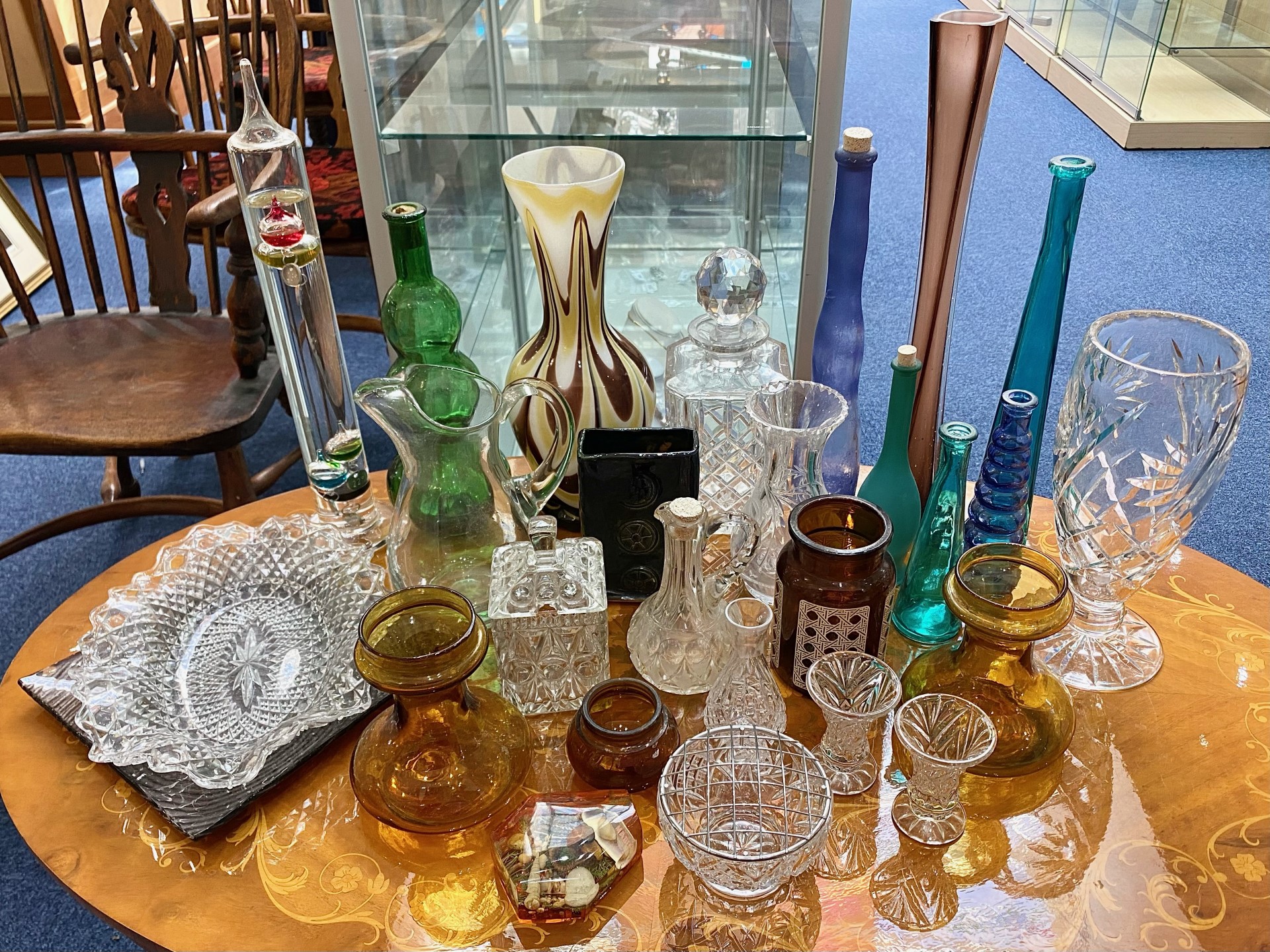 Two Boxes of Assorted Glass Items, including vases, Troika style vase, dishes, jugs, rose bowls,