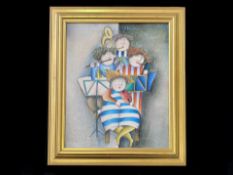 Joyce Roybal Framed Oil on Board, depicting a quintet ladies band Measures 24 by 20 inches. Signed