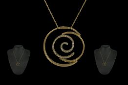 18ct Yellow Gold - Contemporary Designed Diamond Set Circular Shaped Pendant, Attached to a 18ct