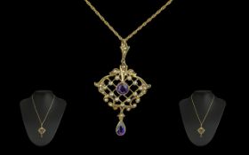 Antique Period 15ct Gold Open worked Pendant, Set with Amethyst and Seed Pearls, Wonderful