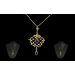 Antique Period 15ct Gold Open worked Pendant, Set with Amethyst and Seed Pearls, Wonderful