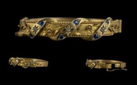 Antique Period Pleasing Ornate 9ct Gold Hinged Bangle - Set With Sapphire & Diamonds. Marked 9ct (