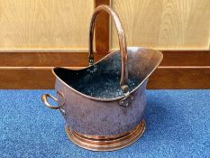 Large Copper Coal Scuttle, helmet style, dimpled effect, handle to top, measures approx. 19'' high x