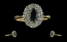 18ct Gold Attractive Diamond And Sapphire Set Ring - Flowerhead Setting. Full Hallmark To Shank.