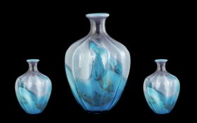 Large Decorative Mdina Glass Coloured Vase with blue and lilac swirl design. 14 inches in height.