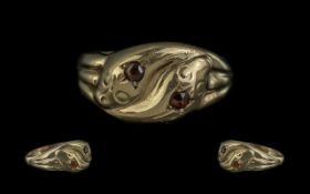 Antique Period 9ct Gold Double Snake Head Ring, Each Snakes Head Set with A Ruby. Full Hallmark to