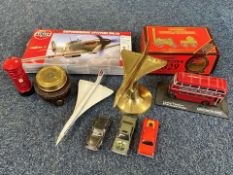 Box of Model Cars, Planes & Collectibles, including a set of 'Models of Yesteryear', a brass compass