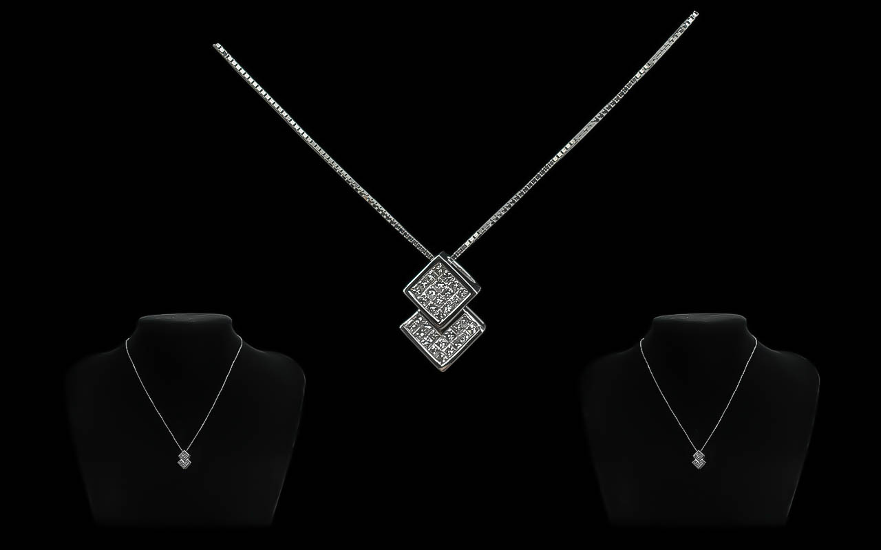 9ct White Gold Diamond Set Princess Pendant & Chain, pendant formed of two joined diamond shapes,