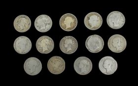 ( 14 ) Victorian Silver Half Crowns, Various Dates which Includes 1874 - 1, 1876 - 3, 1881-2,