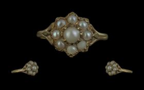 Ladies - Attractive 9ct Gold Seed Pearl Set Cluster Ring. Flower head Setting. Full Hallmark to