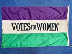 'Votes For Women' Reproduction Banner, in green and purple with black lettering 'Votes for Women'