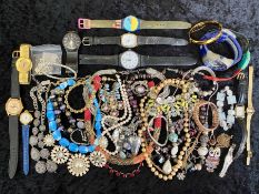 Box of Costume Jewellery, including beads, bangles, pendants, pearls, and assorted fashion watches.